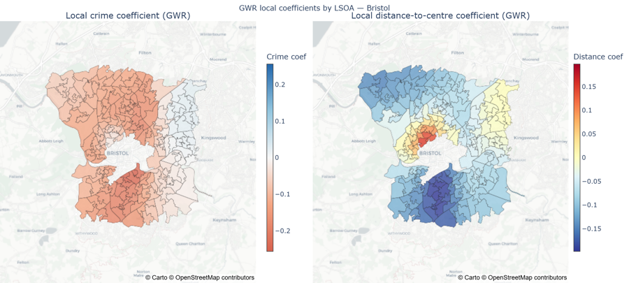 Geographically weighted regression coefficient map of Bristol